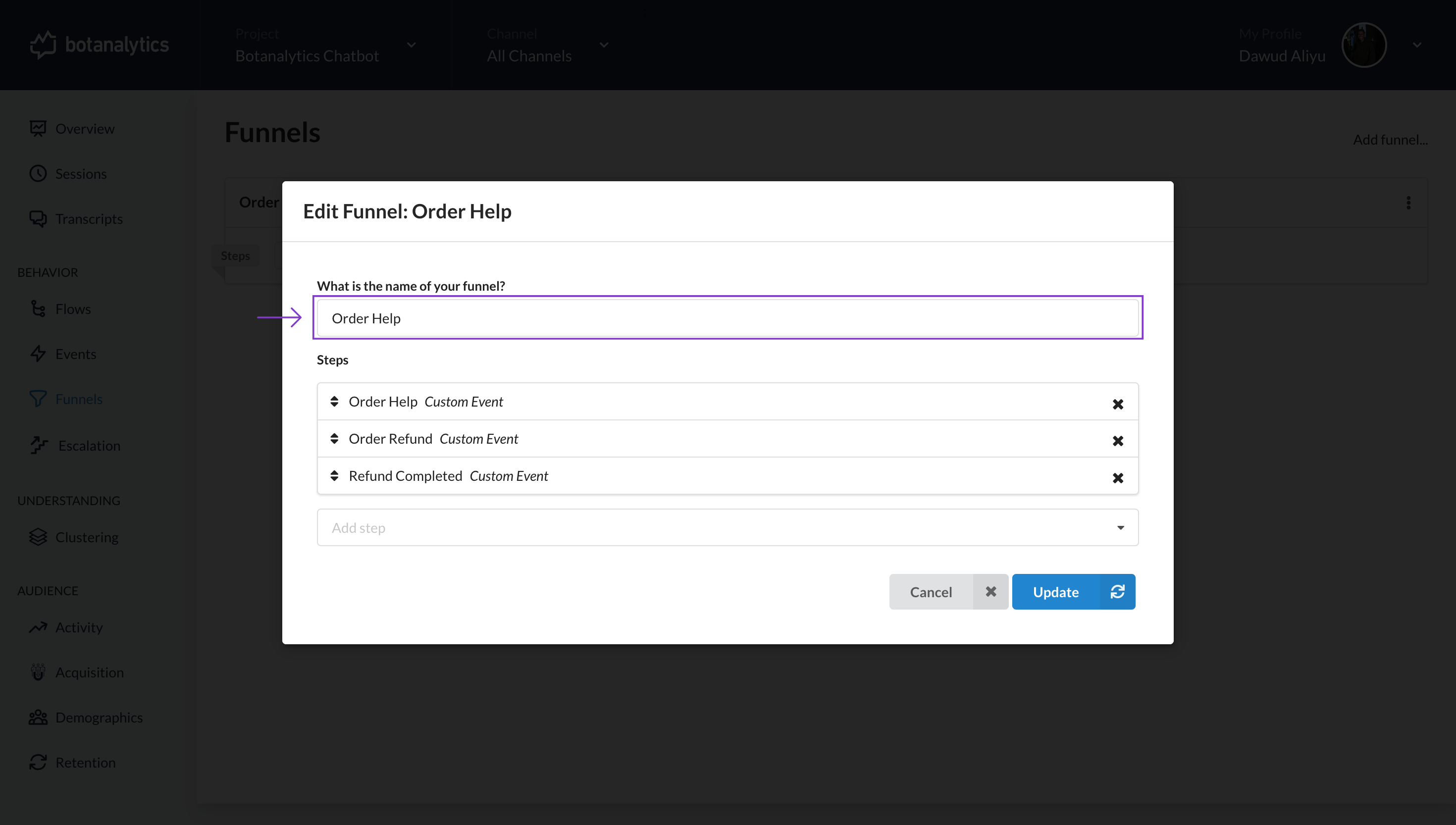 Funnels Click to Update name