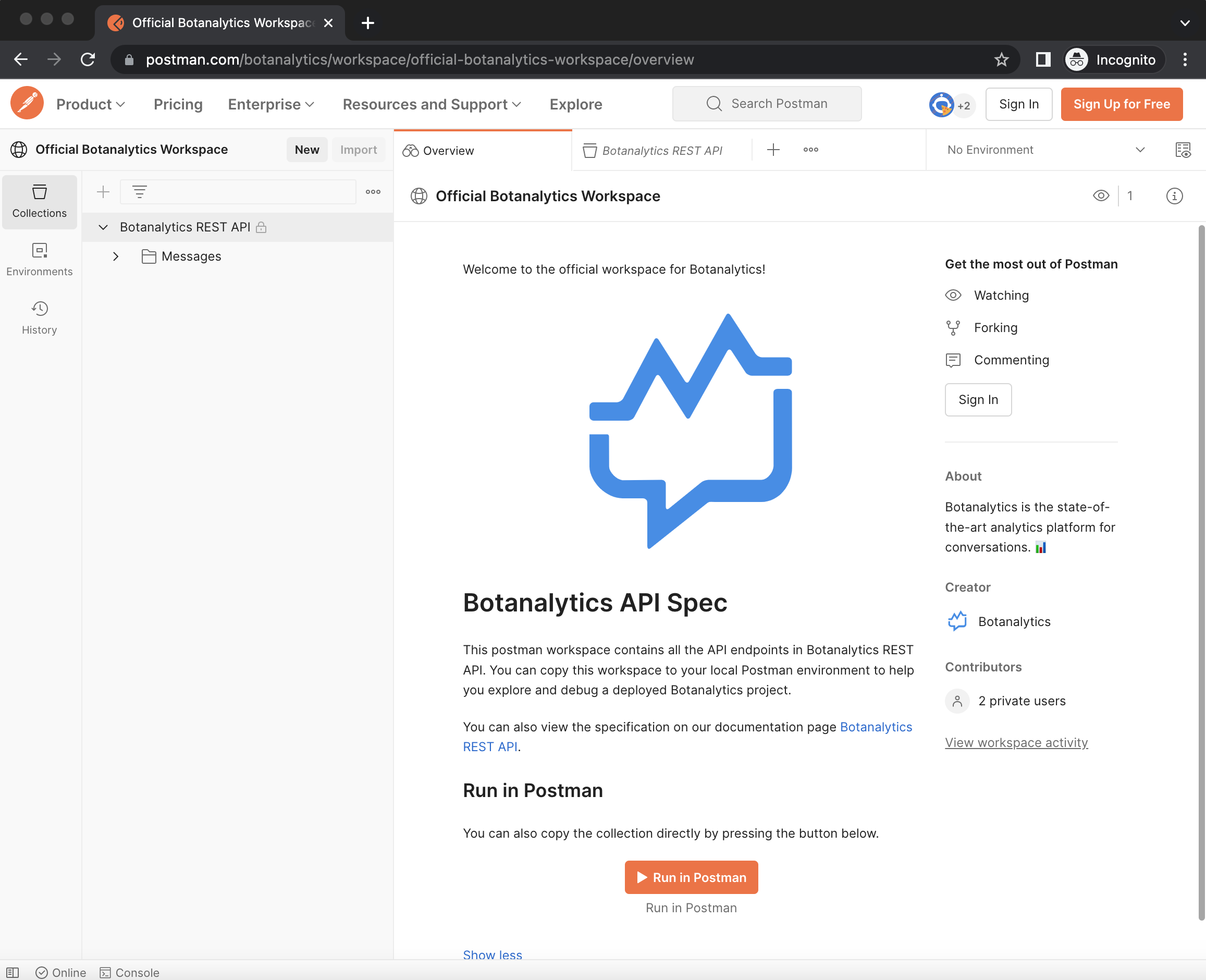 Postman Botanalytics workspace look like this